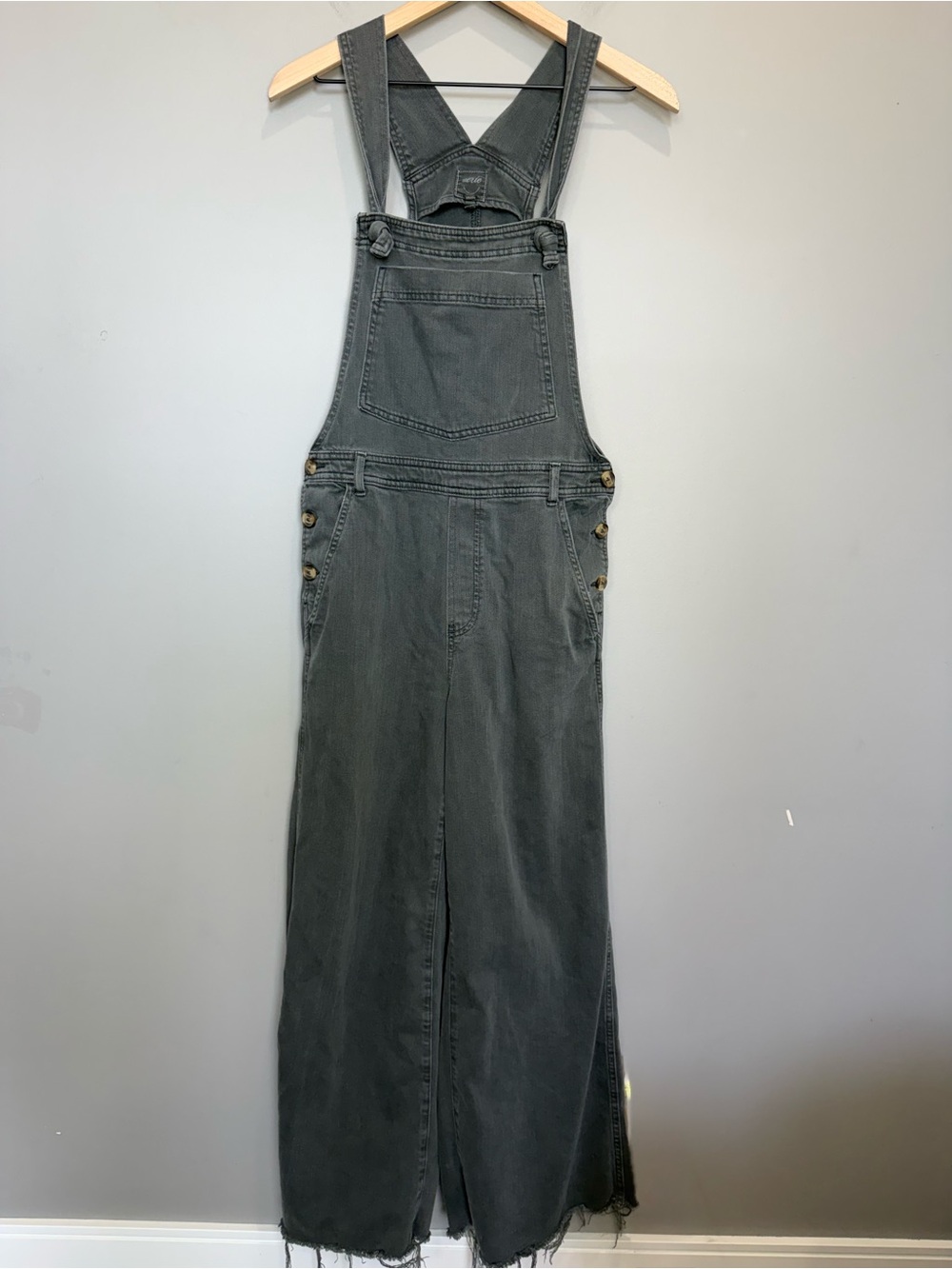 Aerie Real Denim Wide Leg Overalls Gray Size M Raw Hem Baggy Utility